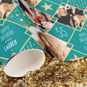 Art Deco Custom Age Name & Photos Birthday Teal Wrapping Paper