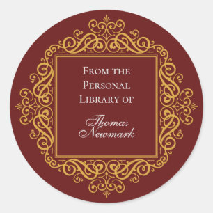 Art Deco Custom Dark Red and Gold Round Bookplate Classic Round Sticker