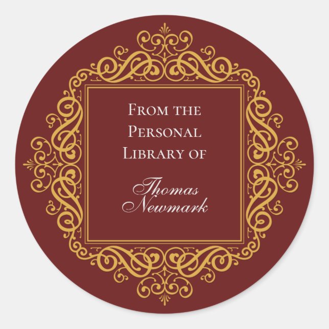 Art Deco Custom Dark Red and Gold Round Bookplate Classic Round Sticker (Front)