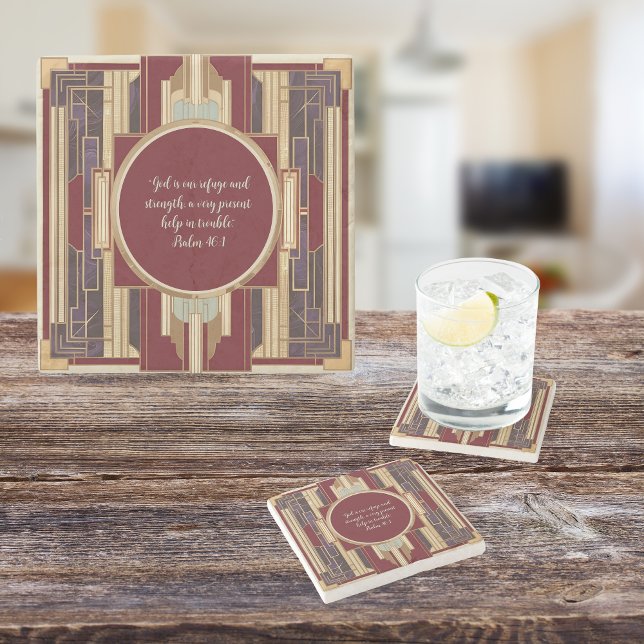 Art Deco Customisable Bible Verse Stone Coaster (Creator Uploaded)