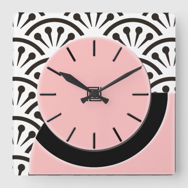 Art Deco Cut-A-Way (Plaza Pink+Black) Square Wall Clock (Front)