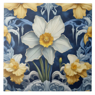 Art Deco Daffodil Flowers Art Nouveau Blue Ceramic Tile