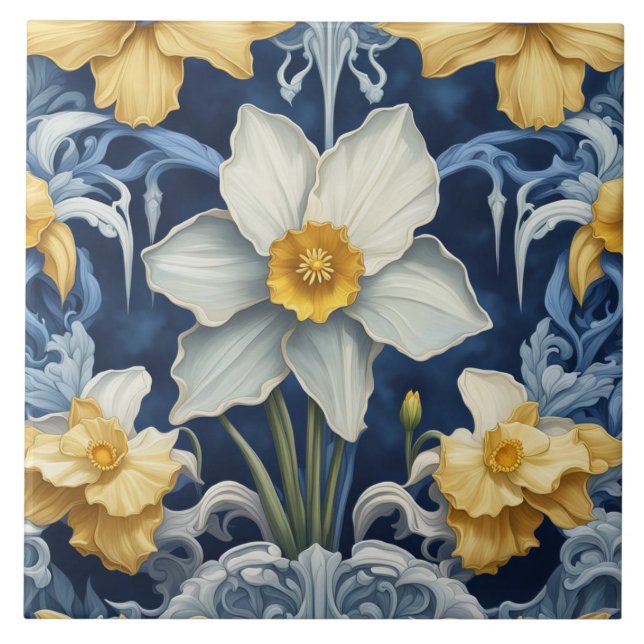 Art Deco Daffodil Flowers Art Nouveau Blue Ceramic Tile (Front)