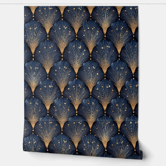 Art Deco Dark Blue and Gold Shells Wallpaper