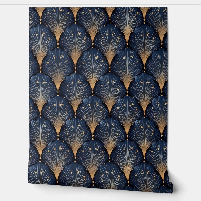 Art Deco Dark Blue and Gold Shells Wallpaper (Unrolling)