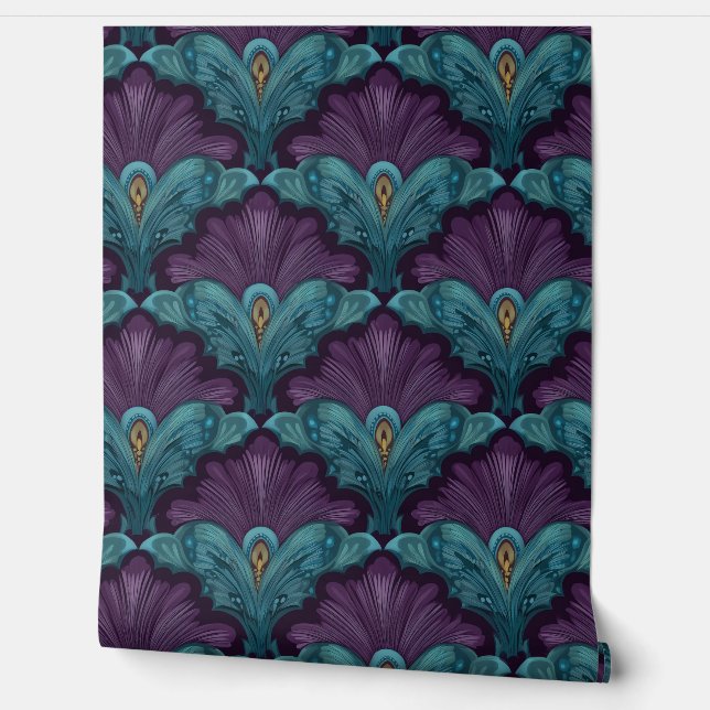 Art Deco Dark Purple and Teal Fans Wallpaper (Unrolling)