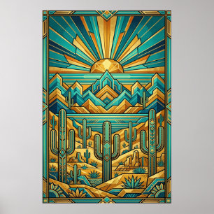 Art Deco Desert Sunset Poster - Geometric Saguaro 