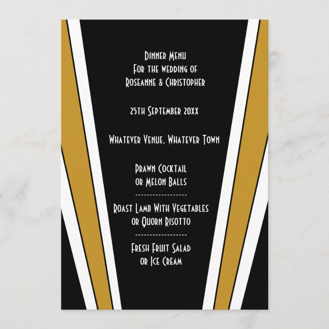 Art Deco Design Black And Gold Wedding Menu (Front)