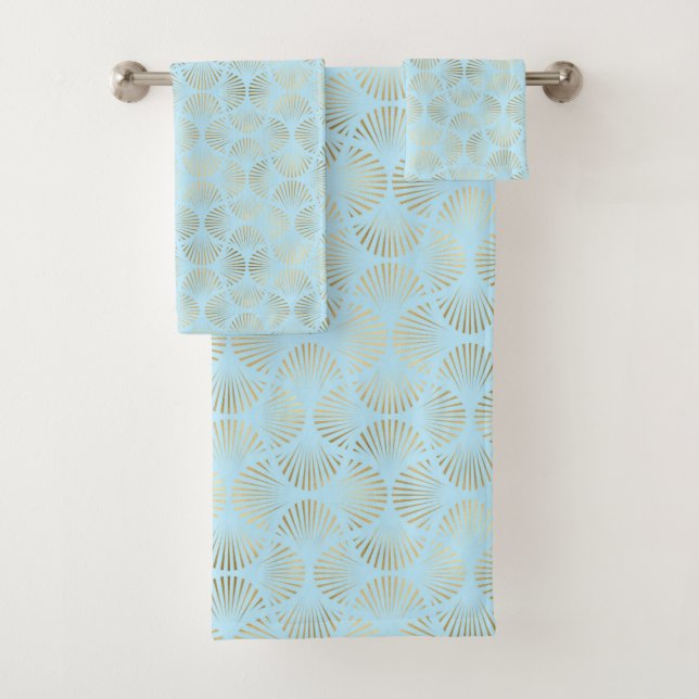 Art Deco Design, Teal & Gold Pattern Bath Towel Set (Insitu)