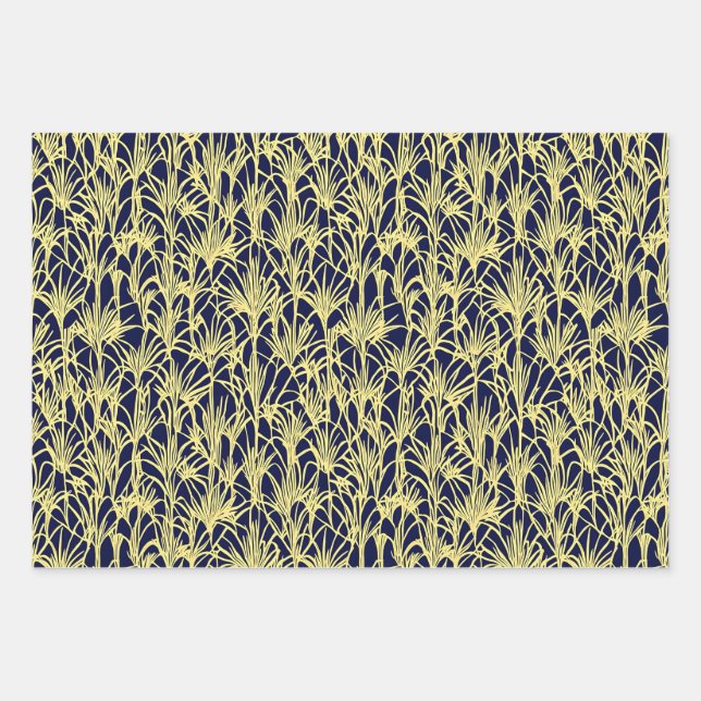 Art Deco Design with Fronds in Blue and Gold Wrapping Paper Sheet (Front)