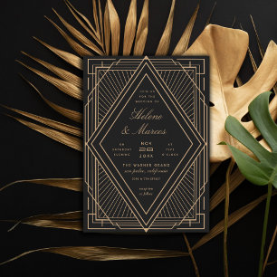 Art Deco Diamond Black and Gold Wedding Invitation
