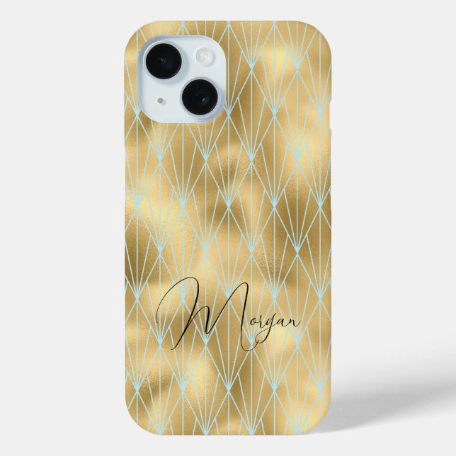 Art Deco Diamond Pattern, Gold & Teal, Script Name Case-Mate iPhone Case (Back)