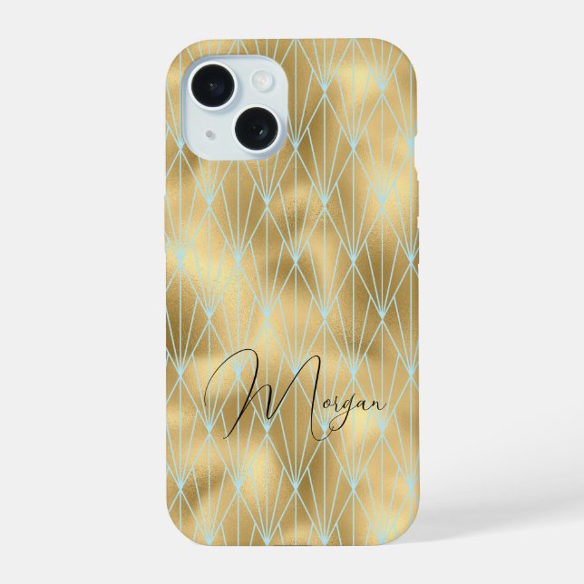 Art Deco Diamond Pattern, Gold & Teal, Script Name iPhone 15 Case (Back)