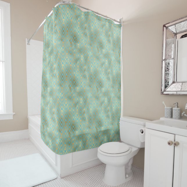 Art Deco Diamond Pattern, Gold & Teal Shower Curtain (In Situ)