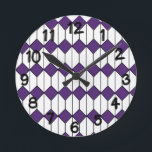 Art Deco Diamonds and Hexagons Round Clock<br><div class="desc">This all clock has an art deco design of white hexagons with a black line down the middle and purple diamonds.</div>