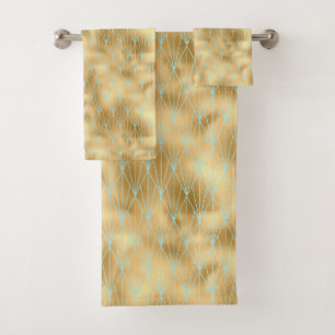 Art Deco Diamonds Pattern 2, Gold & Teal Bath Towel Set