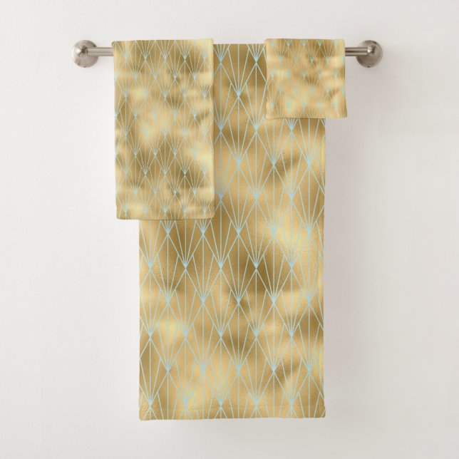 Art Deco Diamonds Pattern 2, Gold & Teal Bath Towel Set (Insitu)