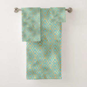 Art Deco Diamonds Pattern, Teal & Gold Bath Towel Set