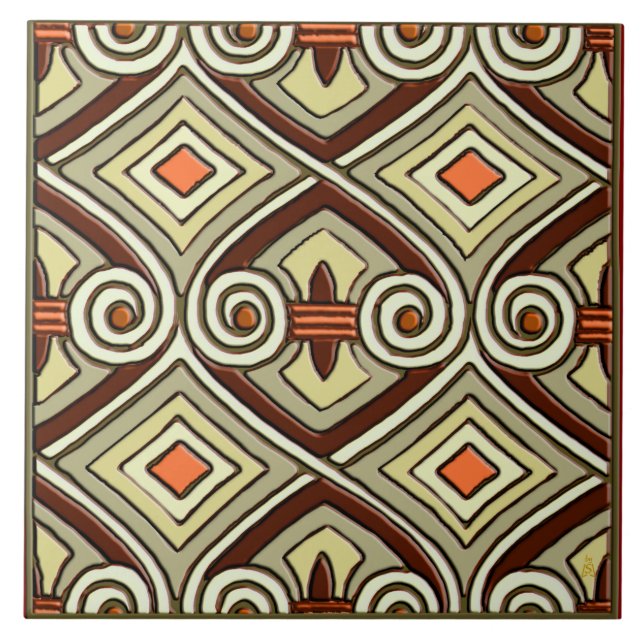 Art Deco Does Persia -Pea Green, Tangerine, Maroon Ceramic Tile (Front)