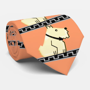 Art Deco Dog, Black+Silver Greek Key+Salmon Bg Tie