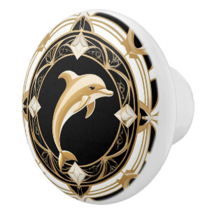 Art Deco Dolphin Black White Gold Nautical Ceramic Knob