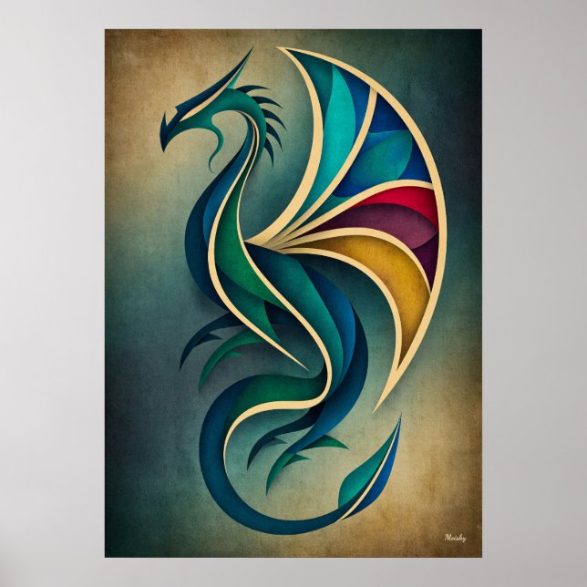 Art Deco Dragon Abstract Geometric Fantasy Wall Ar Poster (Front)