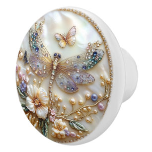 Art Deco  Dragonfly Butterfly Gold Gems Pearls Ceramic Knob