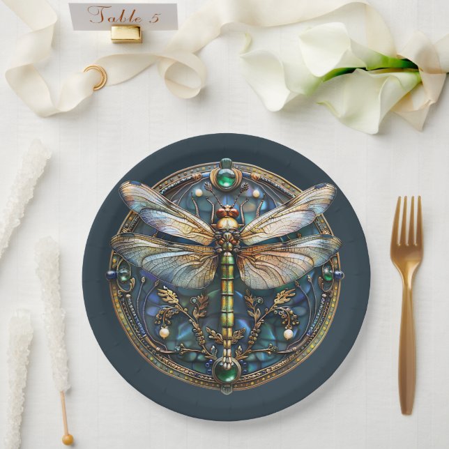  Art Deco Dragonfly Pearls Emeralds Gold  Paper Plate (Wedding)