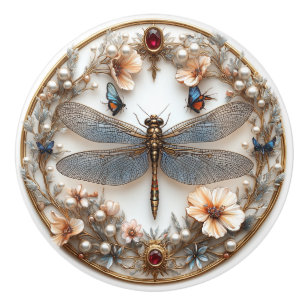 Art Deco Dragonfly Turquoise Pearls Gems Ceramic Knob