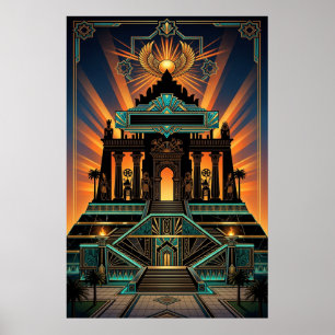 Art Deco Egyptian Revival Temple Gold & Teal Poster