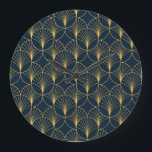Art Deco Elegance: Fan Motifs Large Clock<br><div class="desc">Vintage elegant Art Deco style seamless pattern with fan shape golden motifs on dark blue background. Geometric abstract texture Vintage pattern. Embrace the Native American style with this intricate illustration. Vintage Elegance in Native American Style. deco, pattern, seamless, circle, motif, palm, fan, golden, leaf, background, geometric, gold, illustration, floral, texture,...</div>