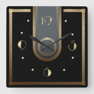 Art Deco elegant black and gold Square Wall Clock