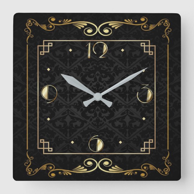Art Deco elegant black and gold Square Wall Clock (Front)