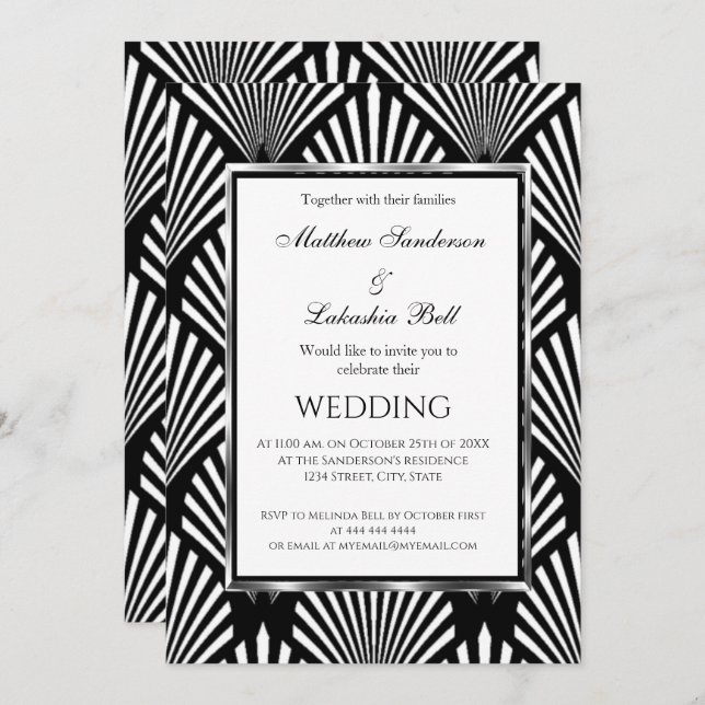 Art Deco Elegant Black White Modern Wedding Invitation (Front/Back)