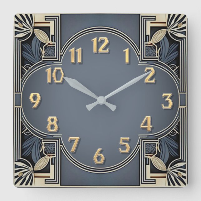 Art Deco Elegant Blue Square Wall Clock (Front)