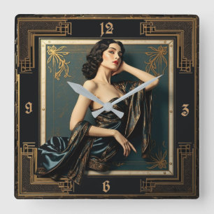 Art Deco Elegant Girl Square Wall Clock