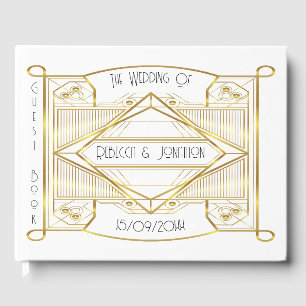 Art deco Elegant Gold and White Guest Book