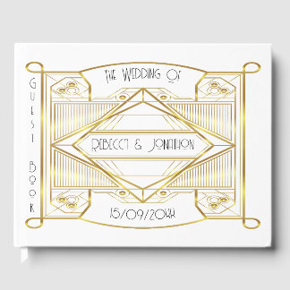 Art deco Elegant Gold and White Guest Book