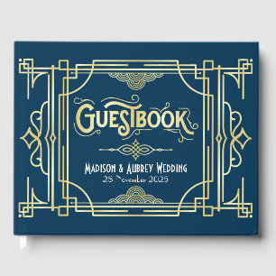 Art Deco Elegant Gold Blue Gatsby 1920s Wedding Guest Book
