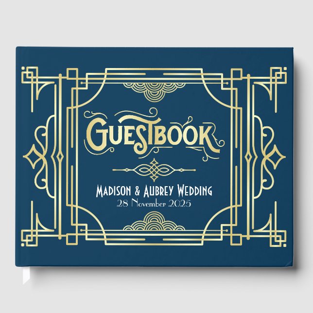 Art Deco Elegant Gold Blue Gatsby 1920s Wedding Guest Book (Front)