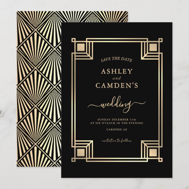 Art Deco Elegant Gold Frame Wedding Save The Date (Front/Back)