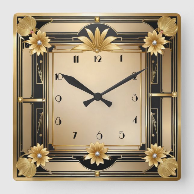 Art Deco Elegant Gold Square Wall Clock (Front)