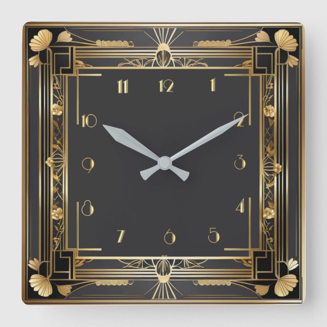 Art Deco Elegant Gold Square Wall Clock (Front)