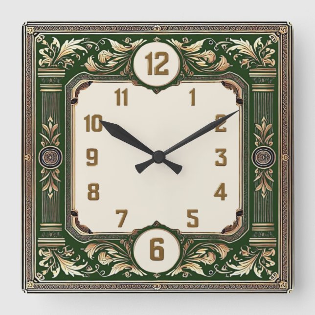 Art Deco Elegant Green Square Wall Clock (Front)