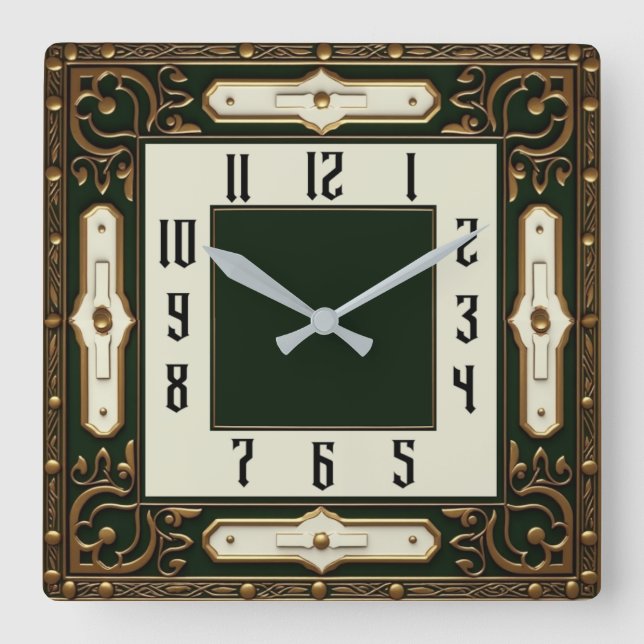 Art Deco Elegant Green Square Wall Clock (Front)