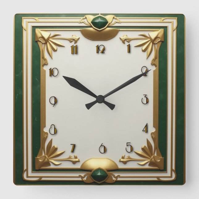 Art Deco Elegant Green Square Wall Clock (Front)