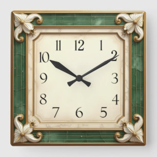 Art Deco Elegant Green Square Wall Clock