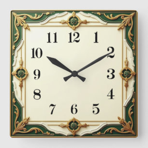 Art Deco Elegant Green Square Wall Clock
