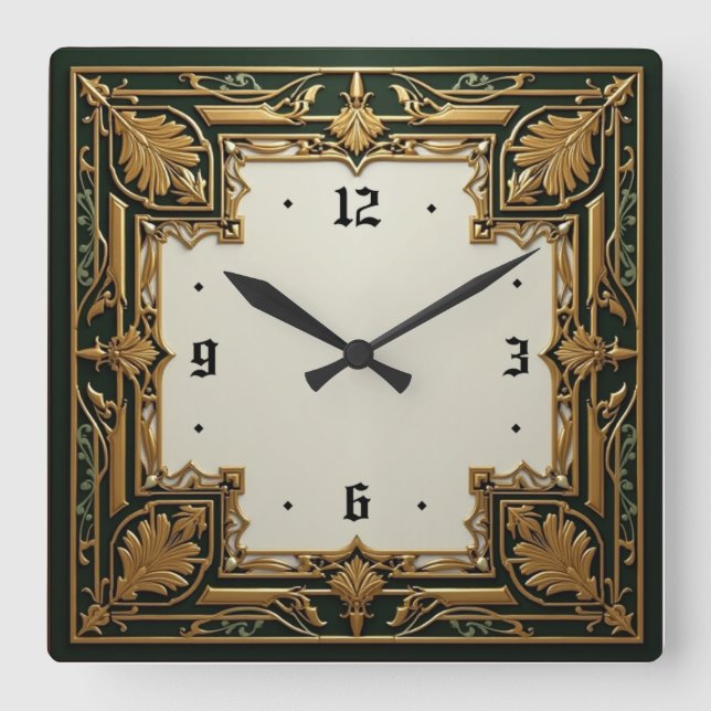 Art Deco Elegant Green Square Wall Clock (Front)
