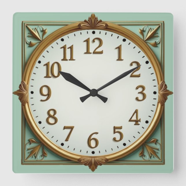 Art Deco Elegant Mint Square Wall Clock (Front)